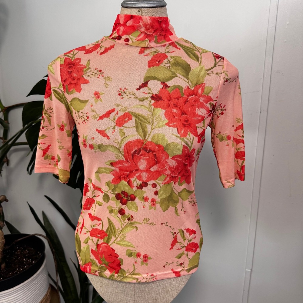 Anthropologie Floral Mesh Mock Neck Top Womens XS Peach Red Sheer Layering Boho